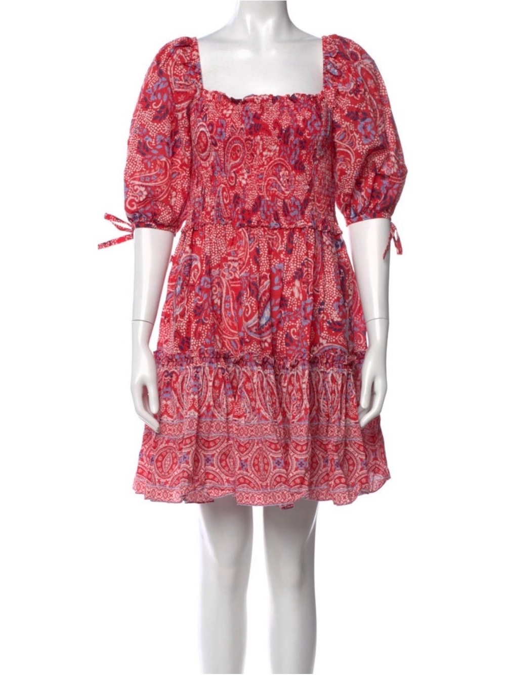 $595 Cara Cara Lenny Dress in "Paisley Border Spice" red floral puff sleeve XL